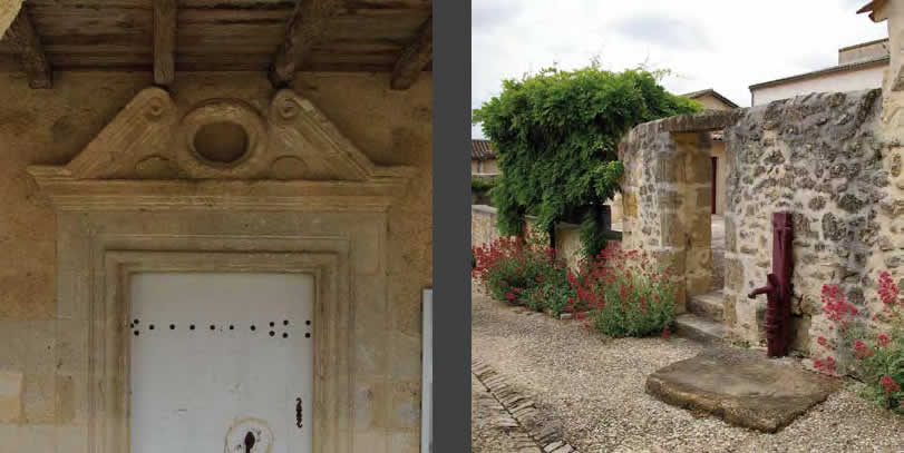 A gauche : porte sous les couverts (XVIIe siècle) | A droite : fontaine du XIXe siècle – Blasimon A gauche : porte sous les couverts (XVIIe siècle) | A droite : fontaine du XIXe siècle – Blasimon